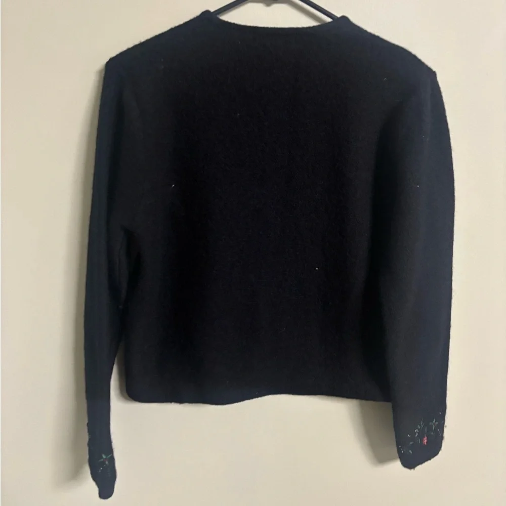 Karen Scott Wool Cardigan Sweater Full Zip Embroidery Holly Size Medium Petite